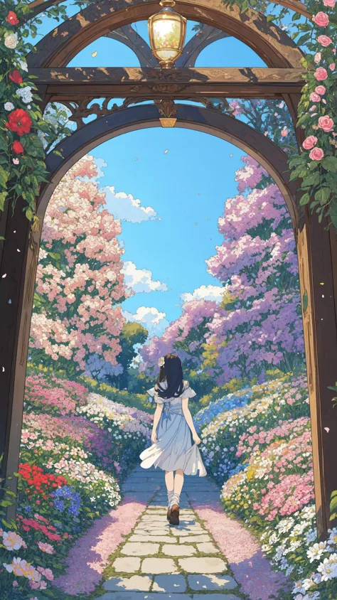 a painting of a girl walking through a garden with flowers