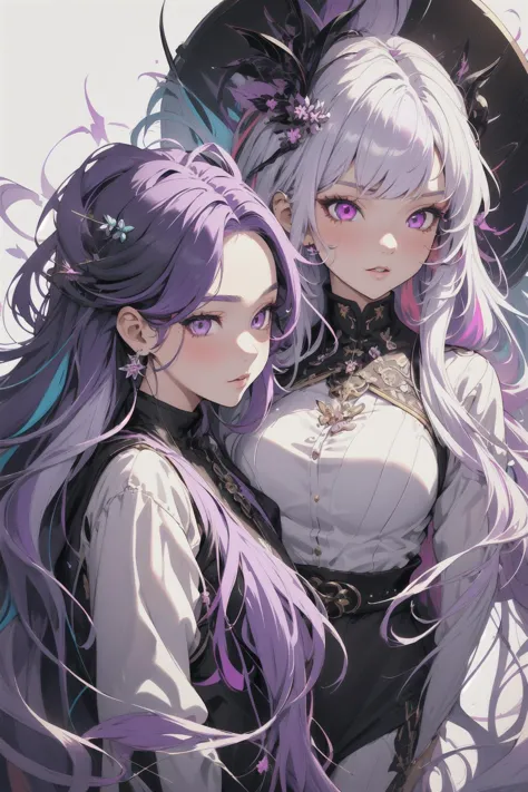 two anime girls with long purple hair and purple eyes