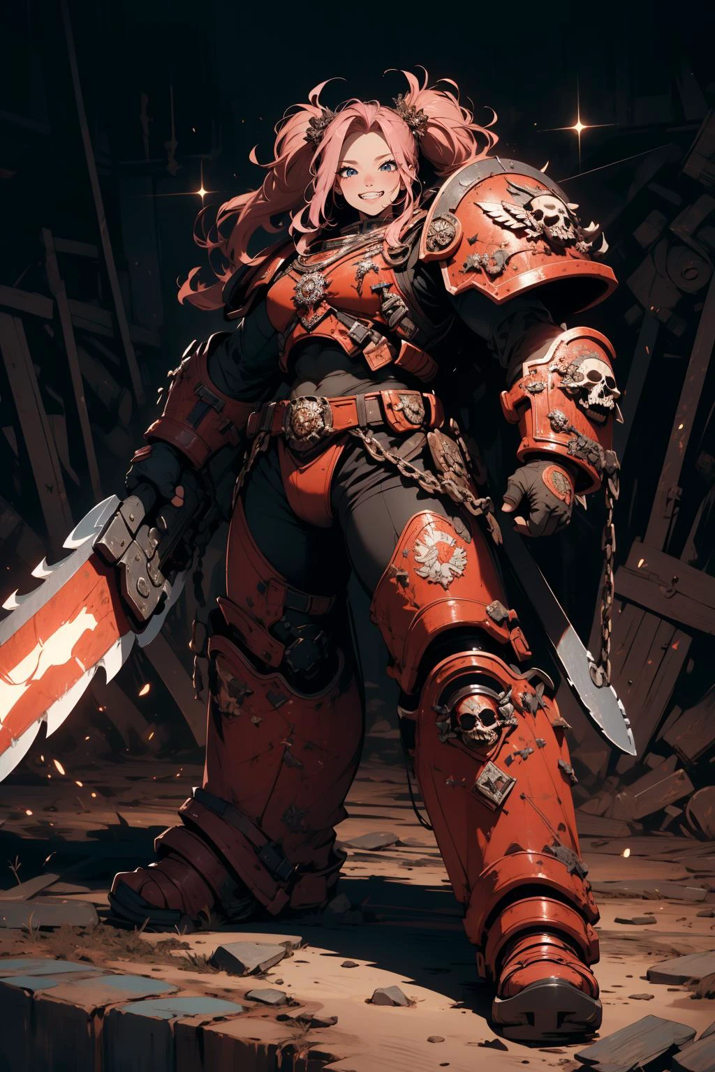 khorne,[1man::0.2],[1girl,pink hair, twintails,cute,grin,head tilt,flat chest, :0.2],solo, huge space marine with small head, armor, (skull symbol:0.8),broad shoulders,full body,(small head:1.2), muscular,  chainsaw, chainsword, (masterpiece, best quality,absurdres: 1.2),, masterpiece,best quality,ultra-detailed,very detailed illustrations,extremely detailed,intricate details,highres,super complex details,extremely detailed 8k cg wallpaper