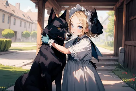 absurdres , highres, ultra detailed, (child 1girl:1.3) (leaning oversized animal 1dog:1.2), BREAK, a minigirl, blonde hair, clear blue eyes, french braid, parted bangs, forehead, rococo dress, silk gloves, bonnet, BREAK, a black dog, yellow eyes, Decorated, BREAK, lawn, BREAK, 