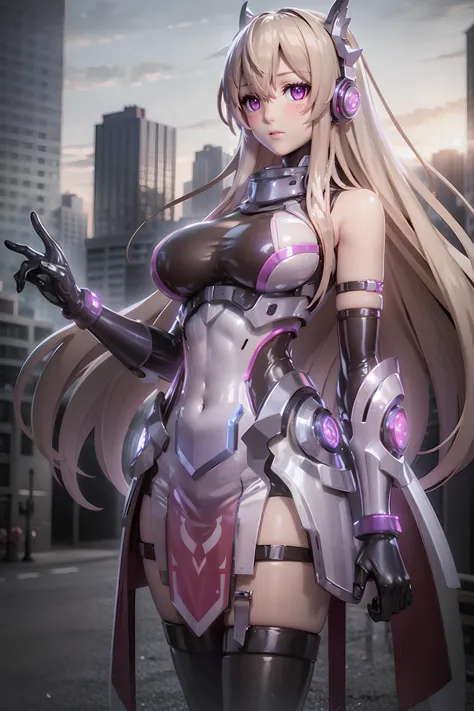 a close up of a woman in a futuristic outfit with a sword