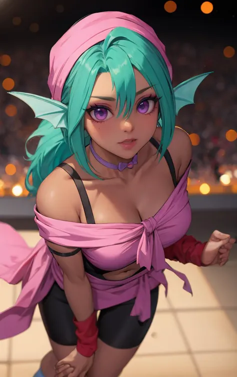 ((masterpiece, best quality)), insaneres, absurdres, solo, looking at viewer, 
MainOutfit_Juri_ownwaifu, 
1girl, fish girl, green hair, green lips, head fins, ribbon choker, dark skin, dark-skinned female, bandana, long hair, makeup, purple eyes, lipstick, ponytail, collarbone, eyeshadow, hair between eyes, purple choker, medium breasts, bangs,  fish tail, aqua hair, eyelashes,
bodysuit, navel cutout, arm warmers, clothing cutout, midriff, bare shoulders, choker, bike shorts, monster girl, leg warmers, navel, off shoulder, cleavage, loose socks, black dress, purple bow, black bodysuit, crop top, wristband, center opening, pink shirt, sash, pink skirt, skin tight, 
(portrait, close-up)lens flare, depth of field, bokeh, embers, vanishing point,