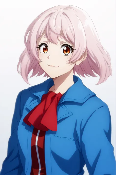 anime girl with pink hair and blue shirt and red tie