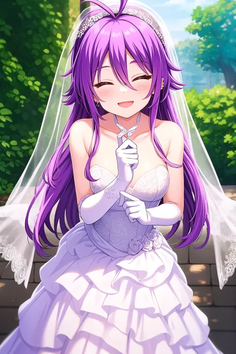 anime bride in wedding dress with veil and tiable