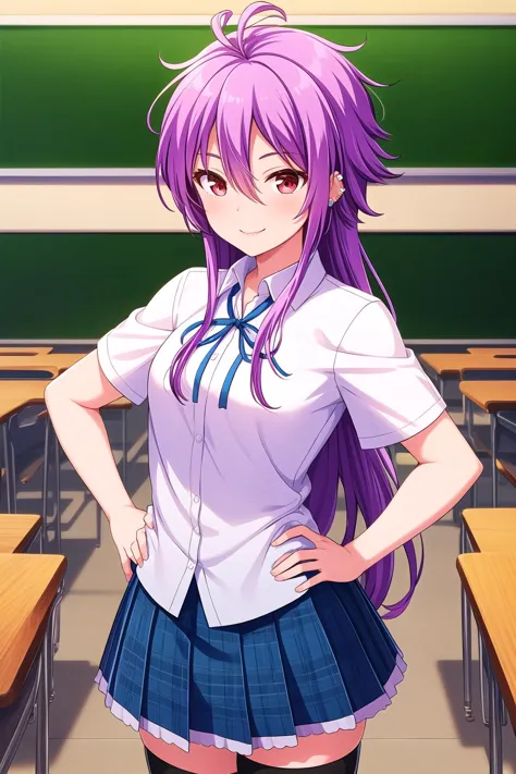 anime girl in school uniform standing in front of desks