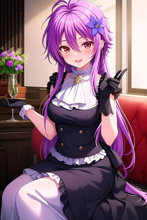 anime girl with purple hair sitting on a red couch holding a pair of scissors