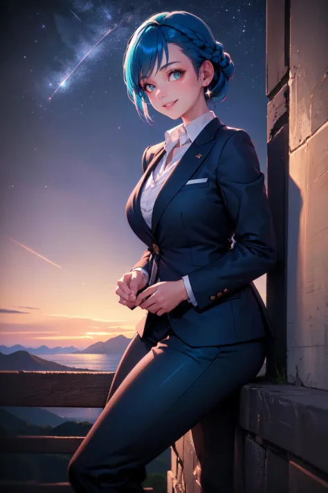 a woman in a suit and tie sitting on a ledge