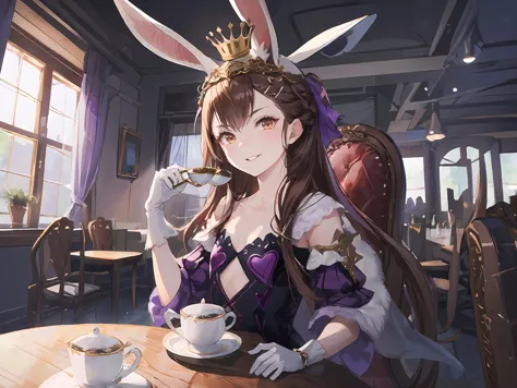 anime girl in bunny ears sitting at a table with a cup of tea