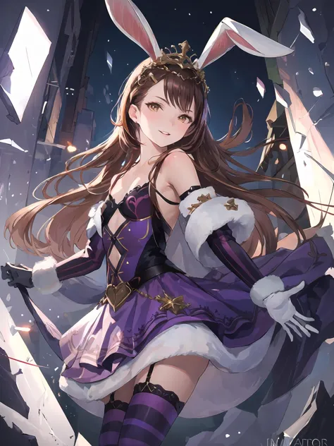 masterpiece,best quality,highres,cinematic lighting,dramatic angle,1girl,<lora:DarkAliceV1:0.8:lbw=jiangshi3>,brown hair,rabbit ears,hair ornament,looking at viewer,smile,brown eyes,purple dress,gloves,cleavage,thighhighs,shards,fur trim,striped,small breasts,flat chest,bare shoulders,parted lips