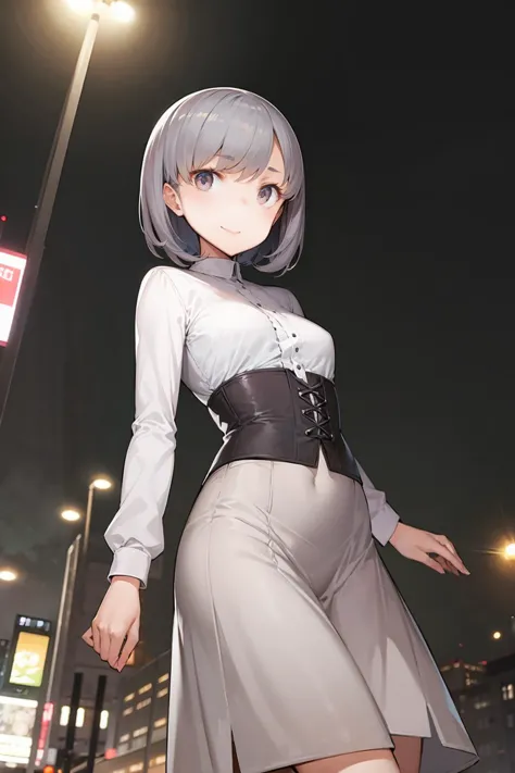 (masterpiece, best quality), 1girl, (solo), looking at viewer,
BREAK
<lora:eba-style:0.9>,
BREAK
city background, street lights, buildings,smile, closed mouth,
dark gray eyes,
Slate hair,
very short hair,
swept bangs, sidelocks,
BREAK
small breasts,
from side, from below,
BREAK
formal party wear, party dress, long skirt, frills, ribbons, corset, lace, buttons, long sleeves, turtleneck, high collar,