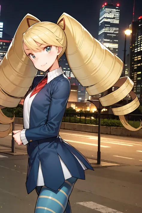 anime girl with long blonde hair walking down the street at night