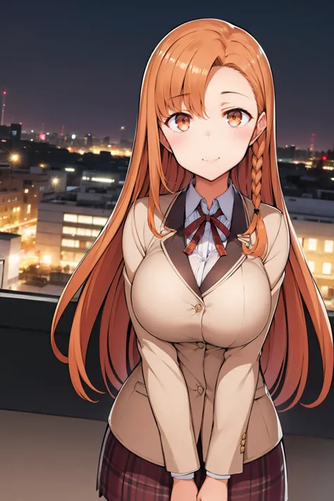 (masterpiece, best quality), 1girl, (solo), looking at viewer,
closed mouth, smile,
city background, street lights, buildings,
BREAK
<lora:eba-style:0.85>,
BREAK
<lora:Yuuki_Oikawa_Family_Control-KK77-V2:0.65> orange hair, long_hair,orange eyes, single braid,
White blazer,shirt,ribbon,plaid_vest,plaid_skirt,