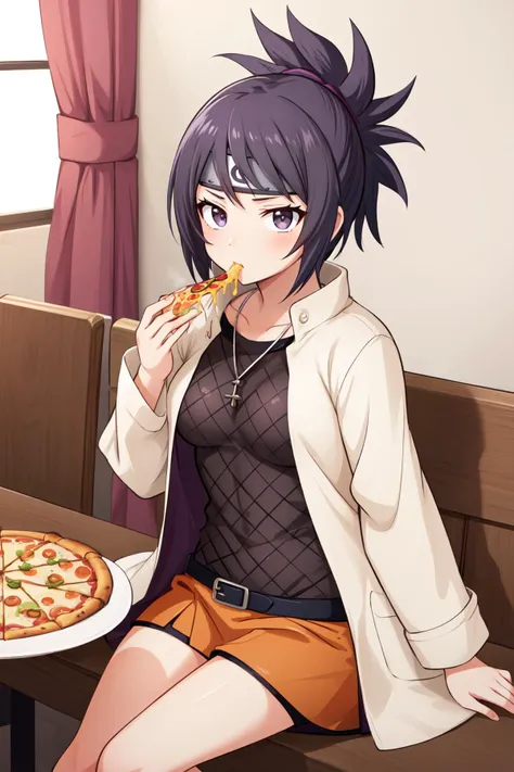 anime girl sitting on a bench eating a slice of pizza