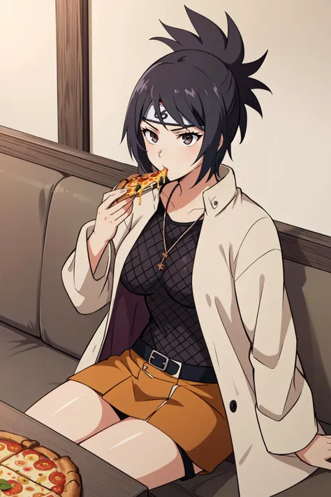 anime girl sitting on a couch eating a slice of pizza