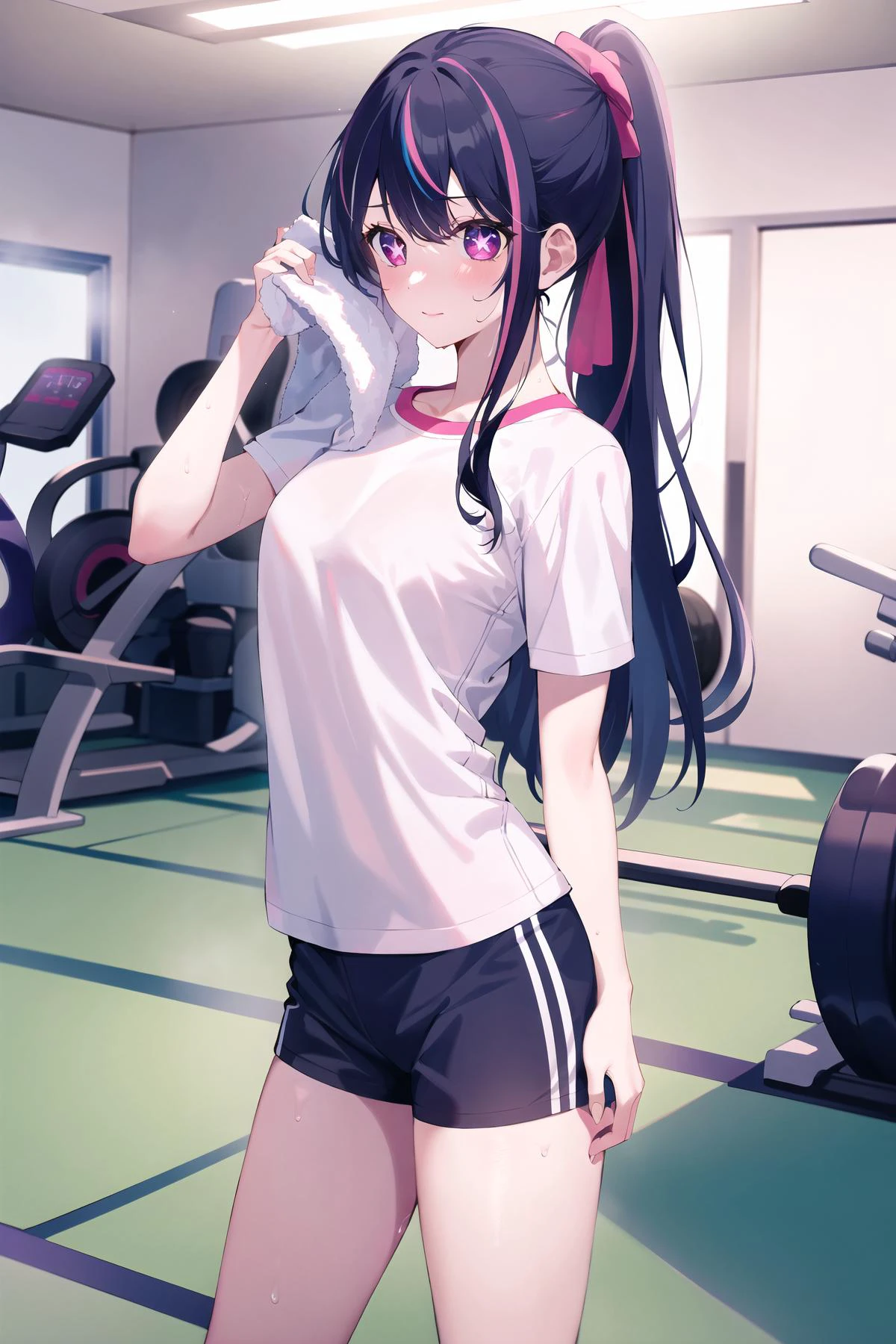 masterpiece, best quality, absurdres, highly detailed, 1girl, Hoshino Ai, long hair, purple hair, streaked hair ,purple eyes, star-shaped pupils, white t-shirt, short shorts, pink towel, towel over shoulder, sweat, ponytail, indoor, gym interior, professional lighting, full body, cowboy shot