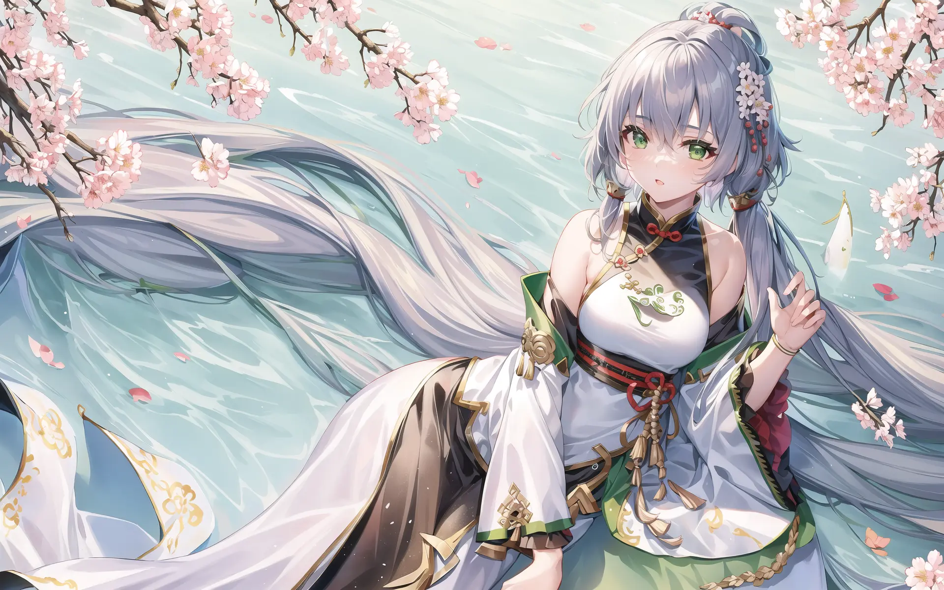 green eyes,((4k,masterpiece,best quality)), Dynamic angle,solo，1girl，luotianyi，shuimobysim, traditional chinese ink painting, lotus, hanfu, maxiskit, dress conservatively 1 girl, solo, white hair, (long hair), white, bikini, fish, sakura and petals, look at viewer, tease
