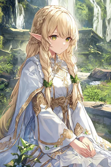 upper body close-up, druid female elf, multiple stitched layer cloth armor, white silk cloak, intricate floral pattern, long dark blonde hair, waterfall braid hairstyle, detailed face and eyes, young woman, forest lake with ruins background, volumetric lig...