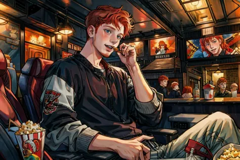 anime boy sitting in a chair eating popcorn and talking on a cell phone