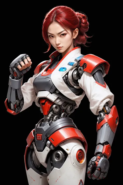 wuxia,female,robort cyborg mech fighter,wmma, gloves, martial arts, <lora:NijiExpressV2:0.2>, <lora:wmma-fC-v1:0.6>,<lora:FINALRobort:0.5>, <lora:wuxia2:0.4> ,  <lora:wuxiashijieV1:0.4>