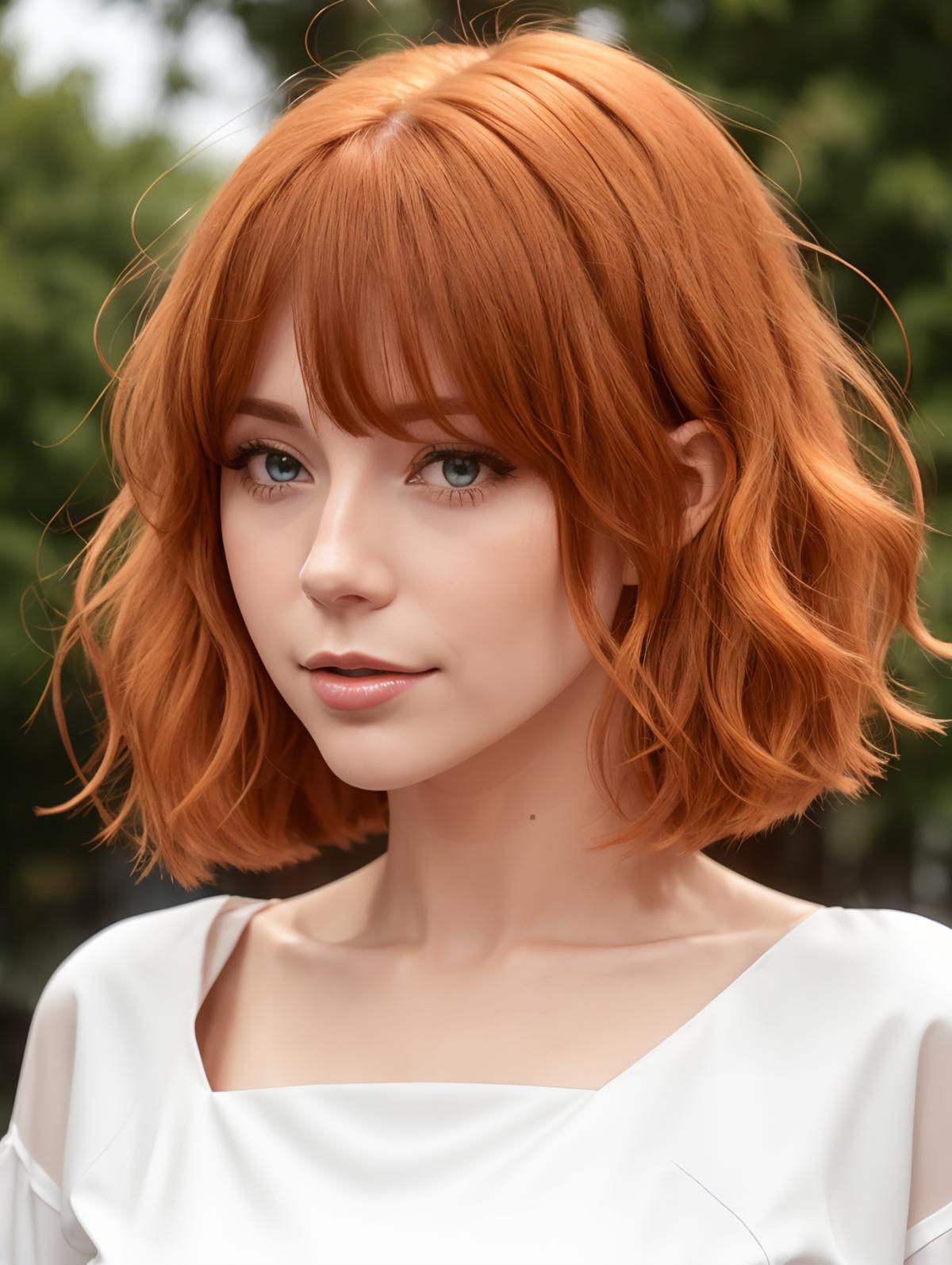 A close up of a woman with a red hair and a white shirt - SeaArt AI