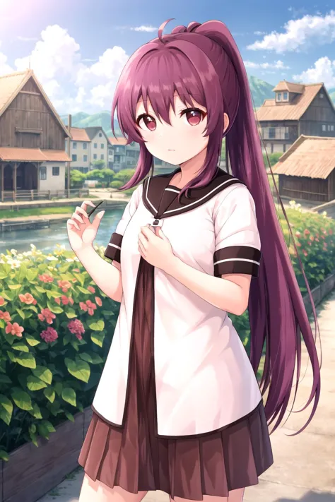 anime girl with long purple hair and a white shirt and brown skirt