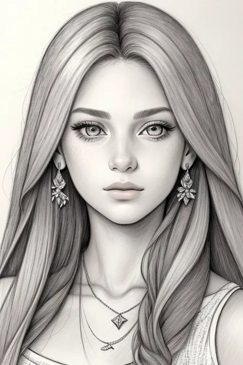 pencil sketch, shaded, detailed, graphite, hand-drawn <lora:AnaisMariani_v9:0.8> AnaisMariani, focus on eyes, close up on face, wearing jewelry, fawn color hair styled Straight Sleek and Straight