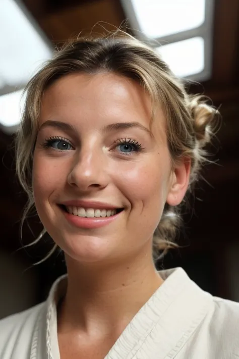 a close up of a woman in a white robe smiling