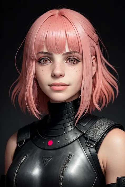 a close up of a person with pink hair wearing a black outfit