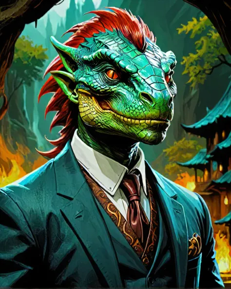 D&D style portrait, fantasy, digital art, Male Argonian, Masculine, Fall, detailed face, great composition, dynamic cinematic color, confident, vibrant, luxury, highly decorated, enchanted, badge, ambient atmosphere, magic atmosphere, elegant, striking