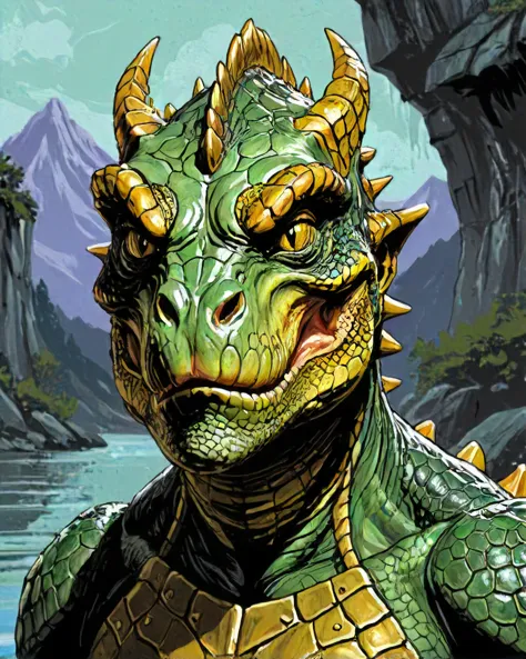 a close up of a green dragon with a mountain in the background