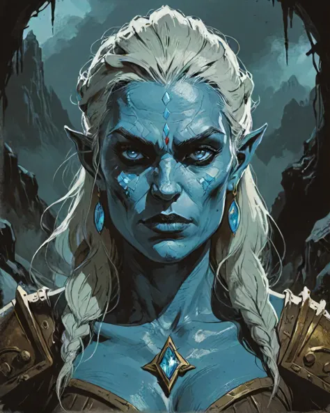 D&D style portrait, fantasy, digital art, buxom Female Frost giant, detailed face, deep aesthetic, ambient, polished, sublime, dynamic dramatic composition, cinematic light, great light, darkest dungeon style, blue-skin, very-tall-female,  orbitgood-SDXL OverallDetail-SDXL