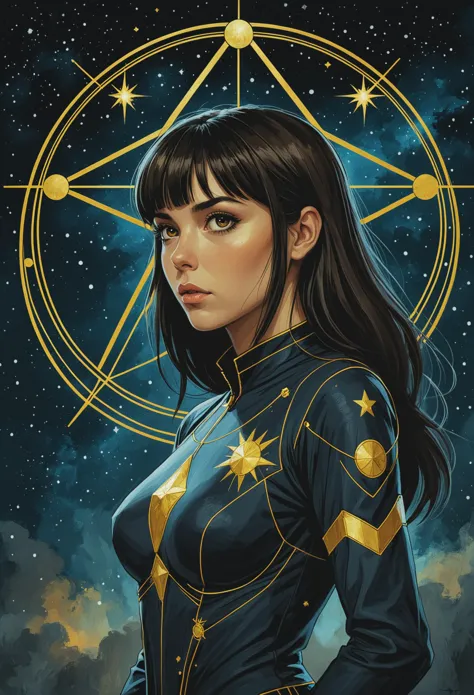 a woman in a black outfit with a star on her chest