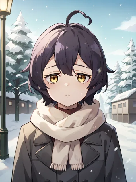 score_9, score_8_up, score_7_up, score_6_up, score_5_up, score_4_up, BREAK, source_cartoon, source_anime,
1girl, hiiragiutena standing outdoors in the snow during the winter,  dark purple hair, ahoge, short hair, yellow eyes,
winter clothes, white scarf, coat, expressionless, looking at viewer, outdoors, snow, snowing, solo, tree, winter   