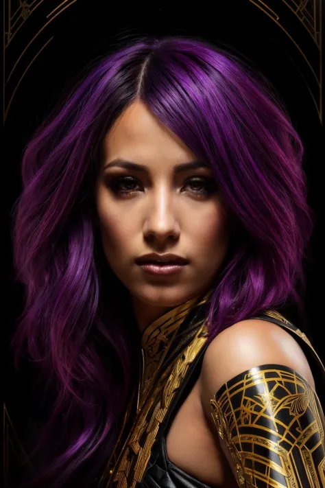 portrait photo of sbs,( black and gold), (purple hair), alluring portrait, intricate, highly detailed, digital painting, artstation, concept art, naughty, sharp focus, cinematic lighting, illustration, art by artgerm and greg rutkowski, alphonse mucha, cgsociety,<lyco:SashaBanks-RealVision-V1.0:1.0>