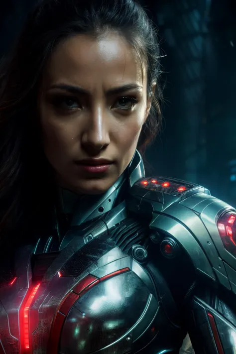 a woman in a futuristic suit with red lights on her chest