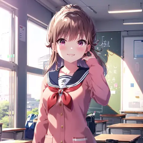 high quality, best quality, masterpiece, absurdres, hayasaka mei, uniform, 1girl,  <lora:mei:0.75>, classroom, smile, looking_at_viewer, blush, pink_jacket