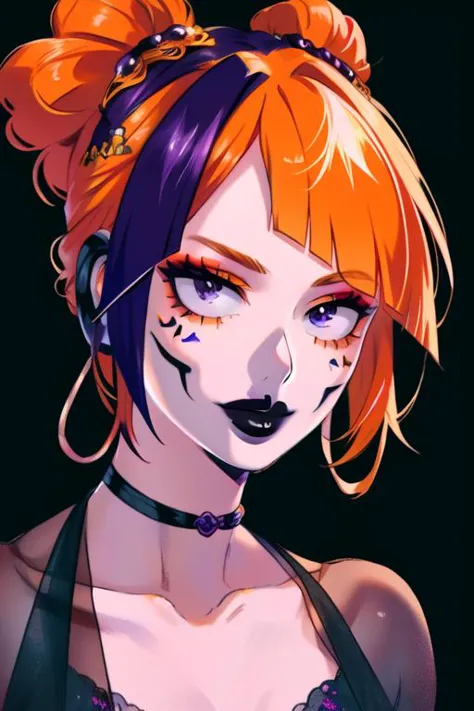 a woman with orange hair and black makeup wearing a black top