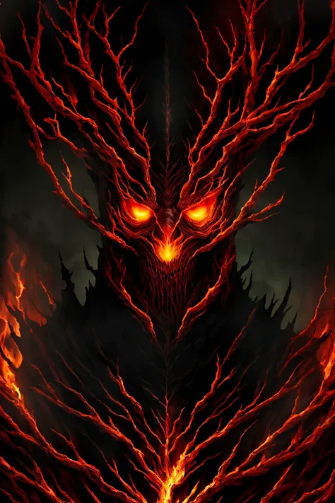a demon with glowing eyes, gorgeous digital painting, burning trees, root, detailed glowing head, detailed realistic smiling fac...