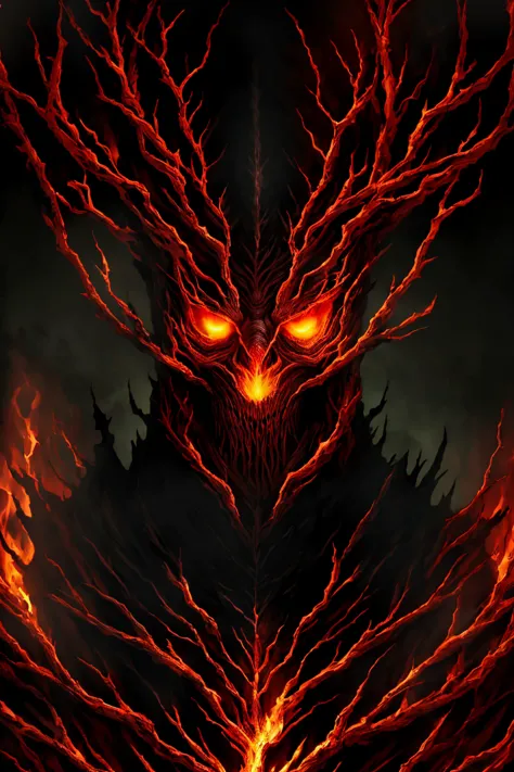 a demon with glowing eyes, gorgeous digital painting, burning trees, root, detailed glowing head, detailed realistic smiling faces, necrosis, character design, gothic, old humanoid ents, neuron, undead, in a dark, medieval old king, ghoul,  <lora:Moommst-02:1>