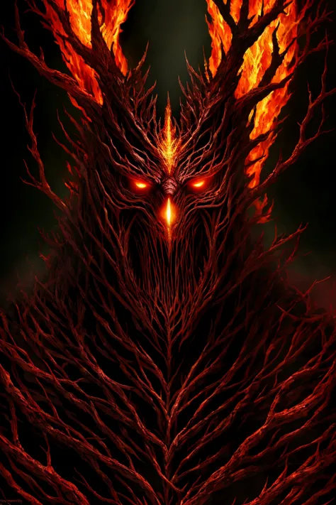 a close up of a fire demon with a glowing face