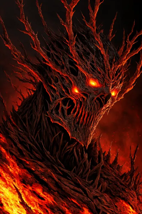 a demon with glowing eyes, gorgeous digital painting, burning trees, root, detailed glowing head, detailed realistic smiling fac...