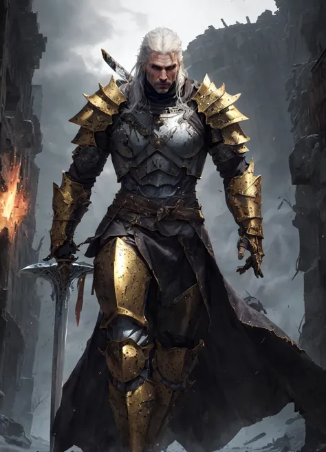 a man in armor holding a sword standing in a dark alley