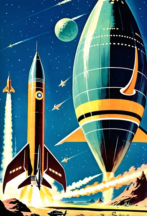 old pulp scifi poster, retro futuristic prehistoric beasts,sleek rocket ship<lora:EnvyPulpScifiXL:1.4:1.4:lbw=ALL>