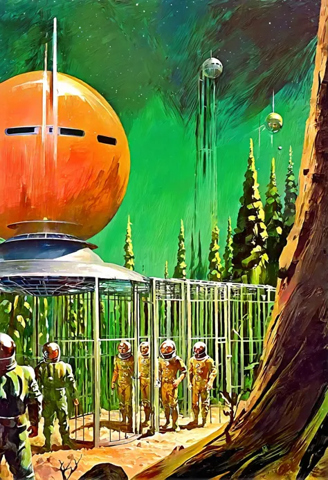 rough oil painting, photoshop oil paint brushes break old pulp scifi poster, retro futuristic humans in a cage, in a martian for...