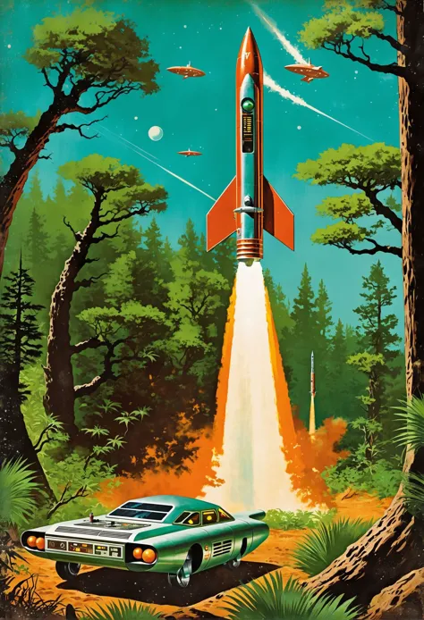 photoshop oil paint brushes BREAK old pulp scifi poster, retro futuristic control console,ray gun,sleek rocket ship,mysterious artifact, in a Martian Forest (Terraformed)<lora:EnvyRoughOilXL01:1>