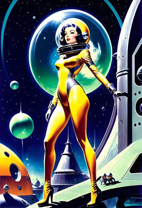 old pulp scifi poster, retro futuristic girl in a sexy space suit,mysterious artifact,alien fortress<lora:envypulpscifixl:1.4:1....