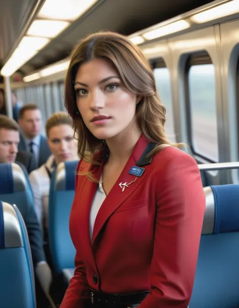 <lora:DebraMorgan:1> 2000 photo of 29 year old DebraMorgan, in poland , as a ticket girl on the train, properly dressed, tack sharp, soft lighting, low contrast, 4k, dslr