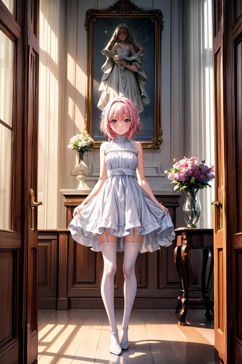 (masterpiece, best quality), 1girl, blue and white frill dress, (white stockings), pink hair, cute face, standing, indoor, intricate detail, sunlight, <lora:add_detail:1>