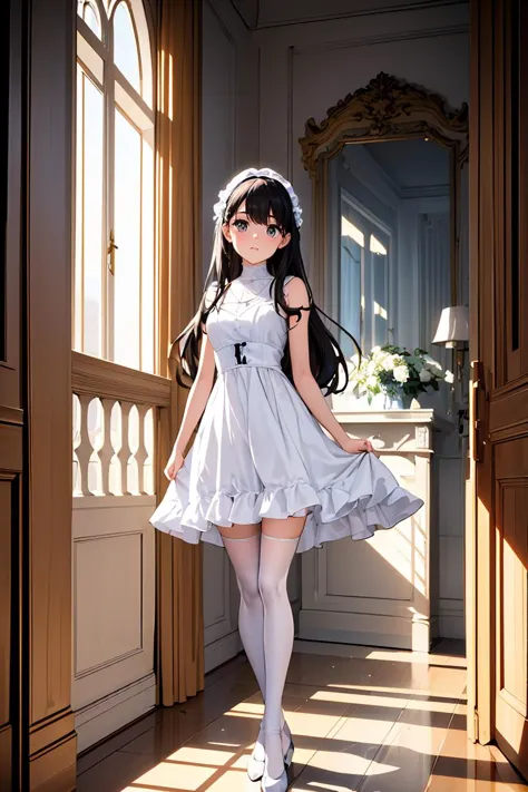 (masterpiece, best quality), 1girl, blue and white frill dress, (white stockings), cute face, standing, indoor, intricate detail...