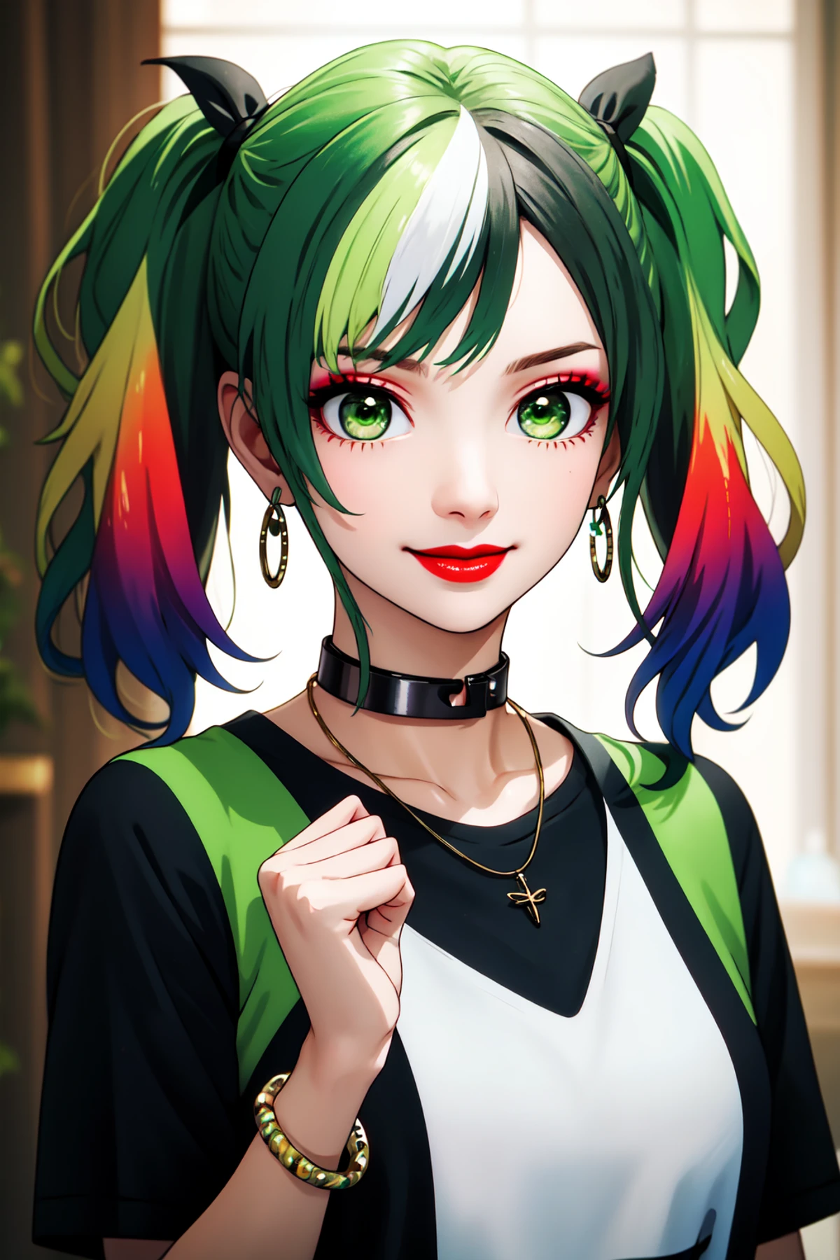 Niji Slime, 1girl, black shirt, blurry, blurry background, bracelet, choker, collar, earrings, fire, gradient hair, green eyes, green hair, hand up, jewelry, lips, lipstick, looking at viewer, makeup, multicolored hair, necklace, nose,  red hair, red lips, shirt, smile, solo, twintails, two-tone hair, upper body 